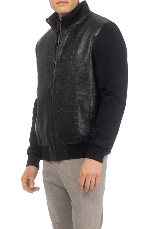 Men's Jacket Crafted From Wool With Croco-Embossed Leather Front