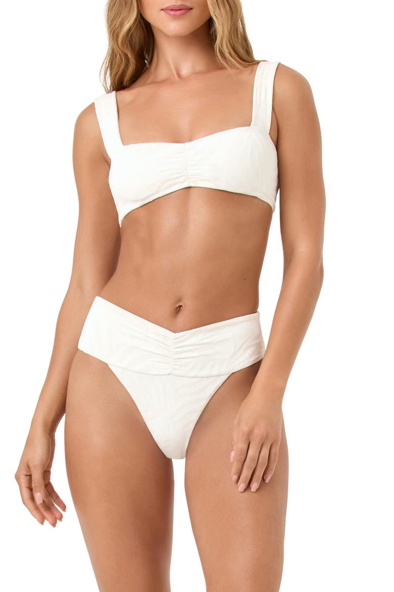 Bardot Ruched Jacquard High Waist Bikini Bottoms, Alternate, color, CREAM