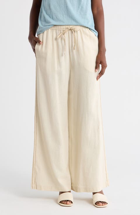 Side Stripe Linen Blend Wide Leg Pants
