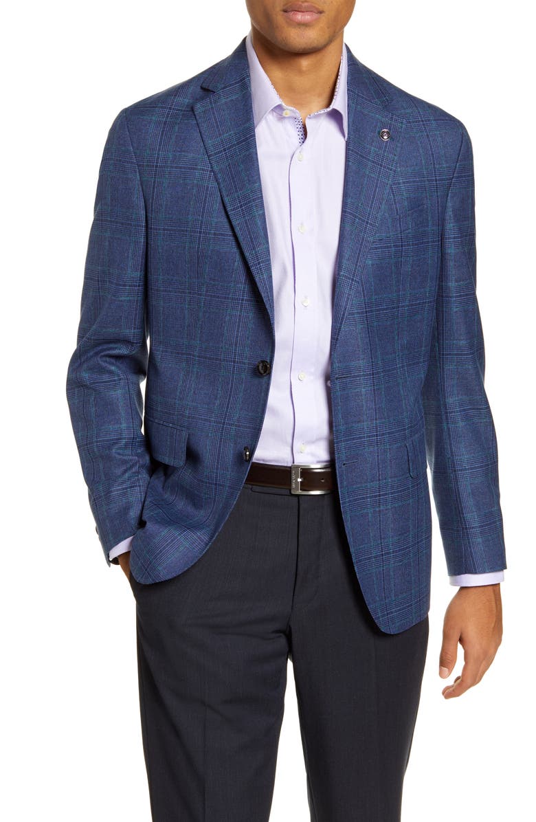 Ted Baker London Konan Blue Plaid Two Button Notch Lapel Trim Fit Sport Coat, Main, color,