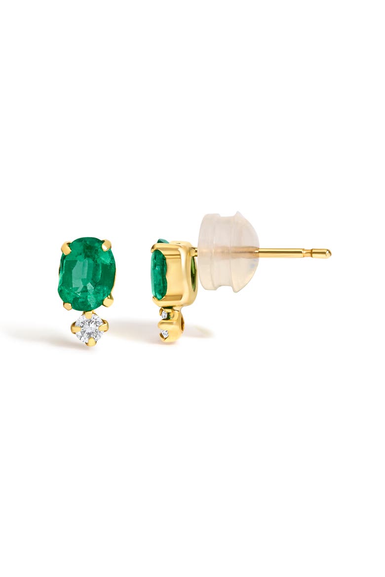 18K Yellow Gold Oval Green Emerald and Diamond Double Drop Stud Earrings, Alternate, color, Yellow Gold