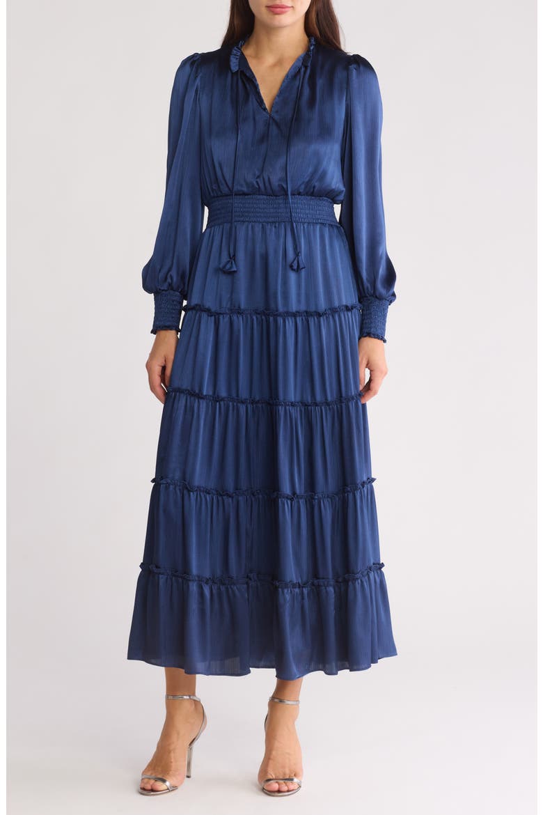 Satin Long Sleeve Tiered Maxi Dress, Main, color, MYSTIC NAVY