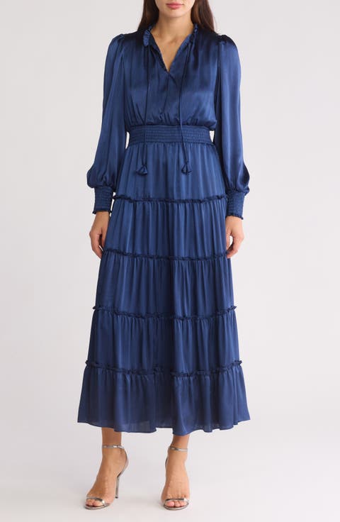 Satin Long Sleeve Tiered Maxi Dress