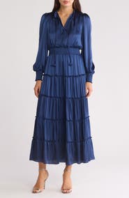 Halogen® Satin Long Sleeve Tiered Maxi Dress