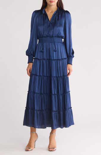 Satin Long Sleeve Tiered Maxi Dress