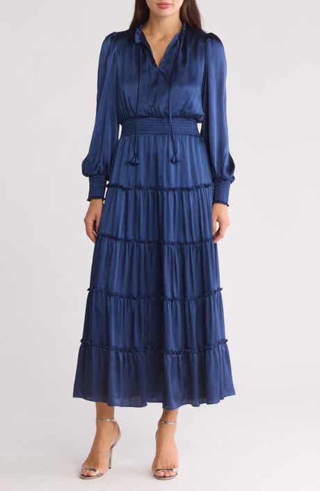 Satin Long Sleeve Tiered Maxi Dress
