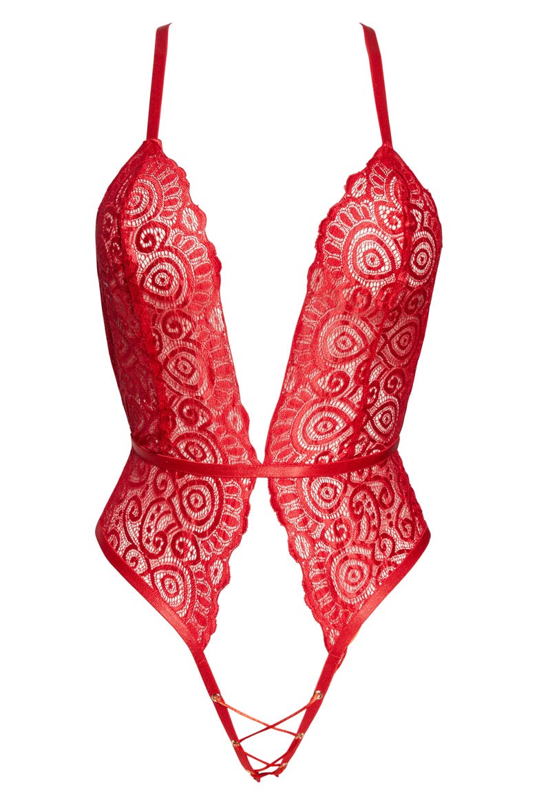 Plunge Lace Open Gusset Teddy, Main, color, RED