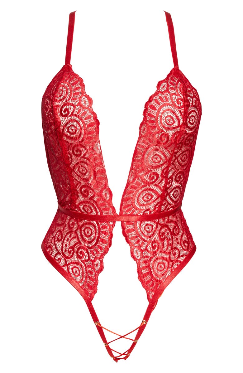 Roma Confidential Plunge Lace Open Gusset Teddy, Main, color, Red