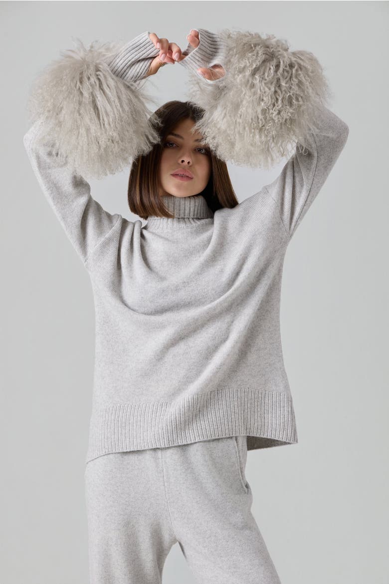 Mongolian Shearling Cuffs Cashmere Sweater, Alternate, color, Gray