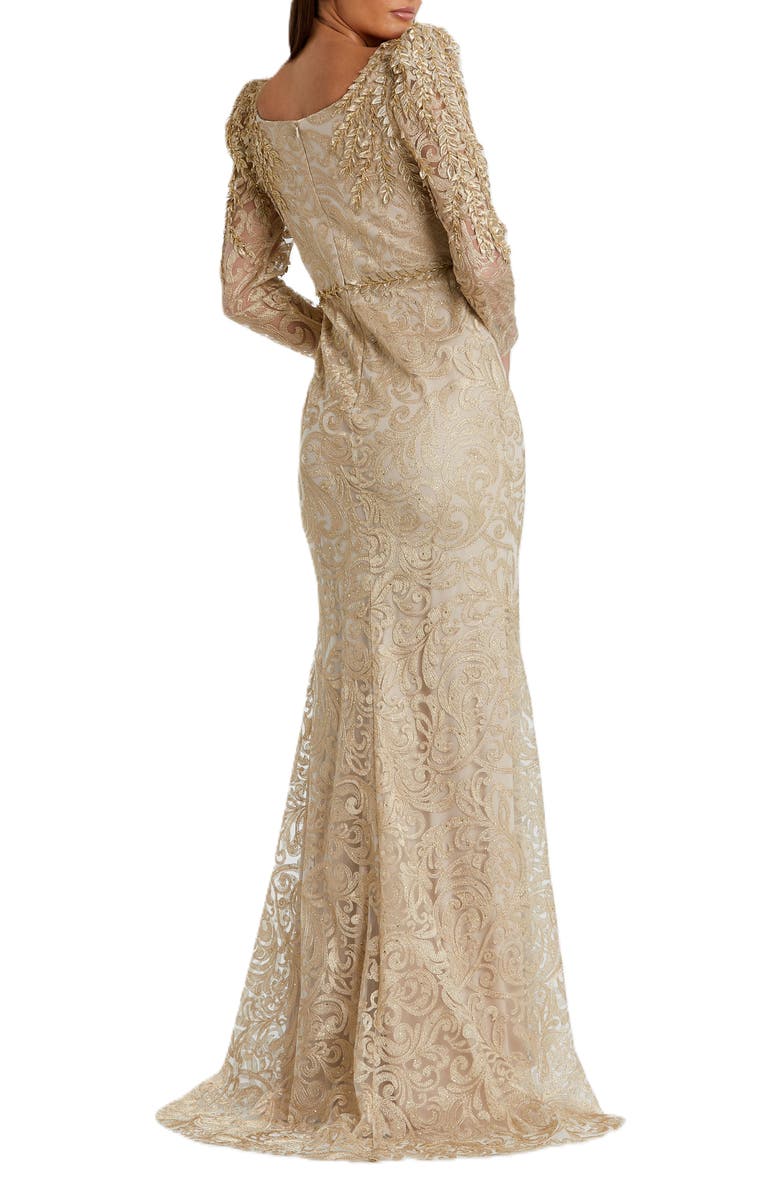 Mac Duggal Embroidered Applique Shoulder Detail Trumpet Gown, Alternate, color, Light Gold