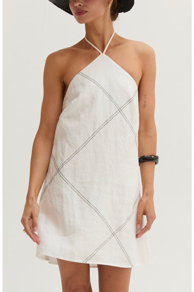 Contrast Stitch Halter Linen Mini Dress, Main, color, White