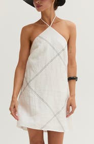 CRESCENT Contrast Stitch Halter Linen Mini Dress