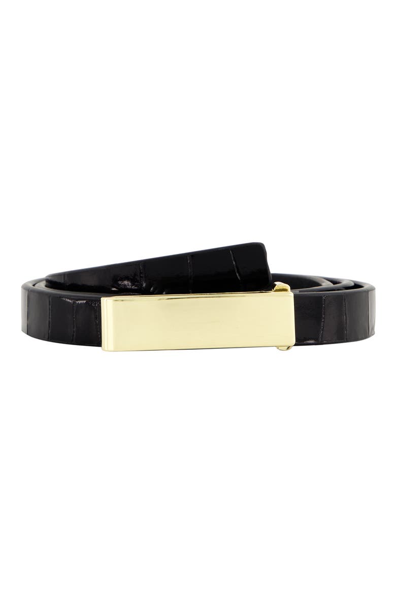 Skinny Croc Embossed Leather Belt, Main, color, BLACK