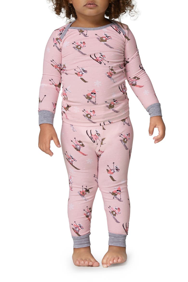 Print Fitted Two-Piece Stretch Organic Cotton Pajamas, Alternate, color, SKI BUNNIES