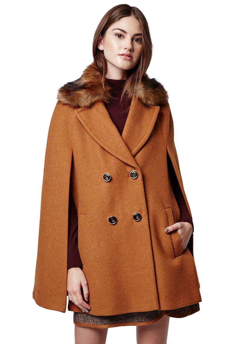Faux Fur Double Breasted Cape, Alternate, color, BROWN MULTI