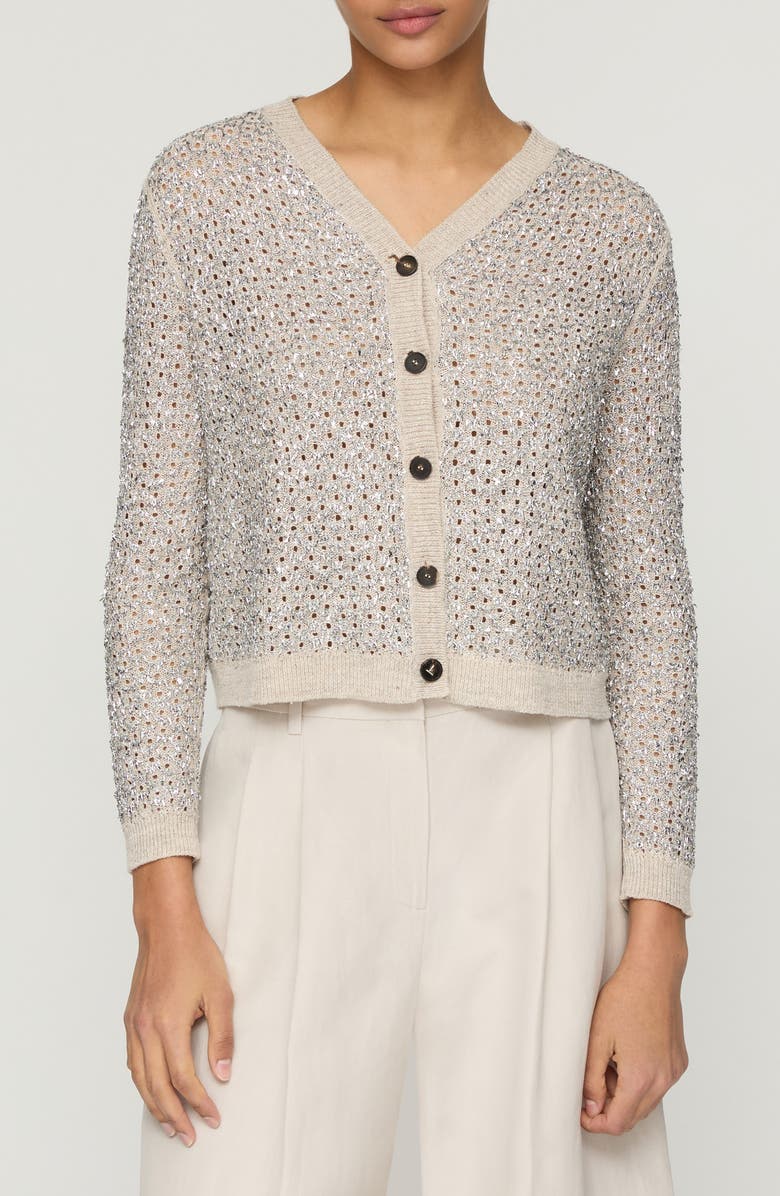 Lafayette 148 New York Pointelle Metallic Linen & Silk Cardigan, Main, color, Smoked Taupe Multi