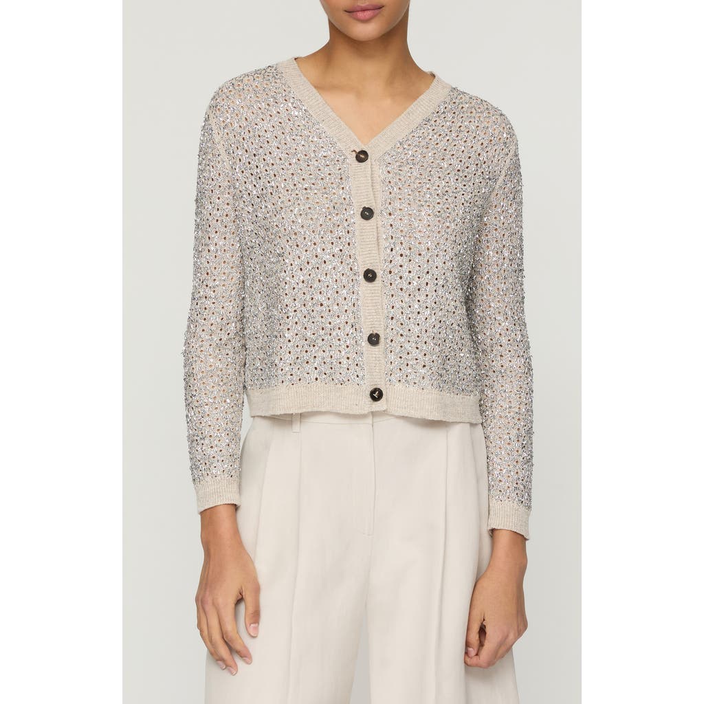 Lafayette 148 Linen Silk Metallic Button V Neck Cardigan