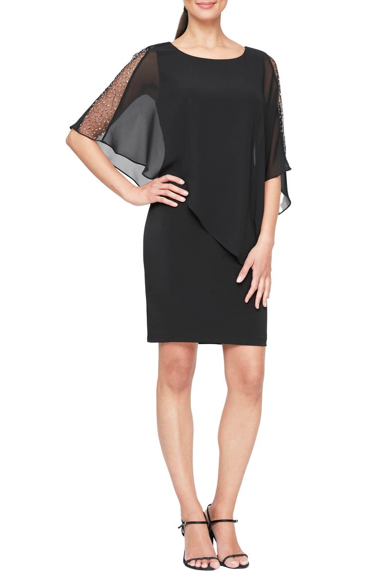 Short Sheath Dress & Embellished Cape Set, Main, color, BLACK