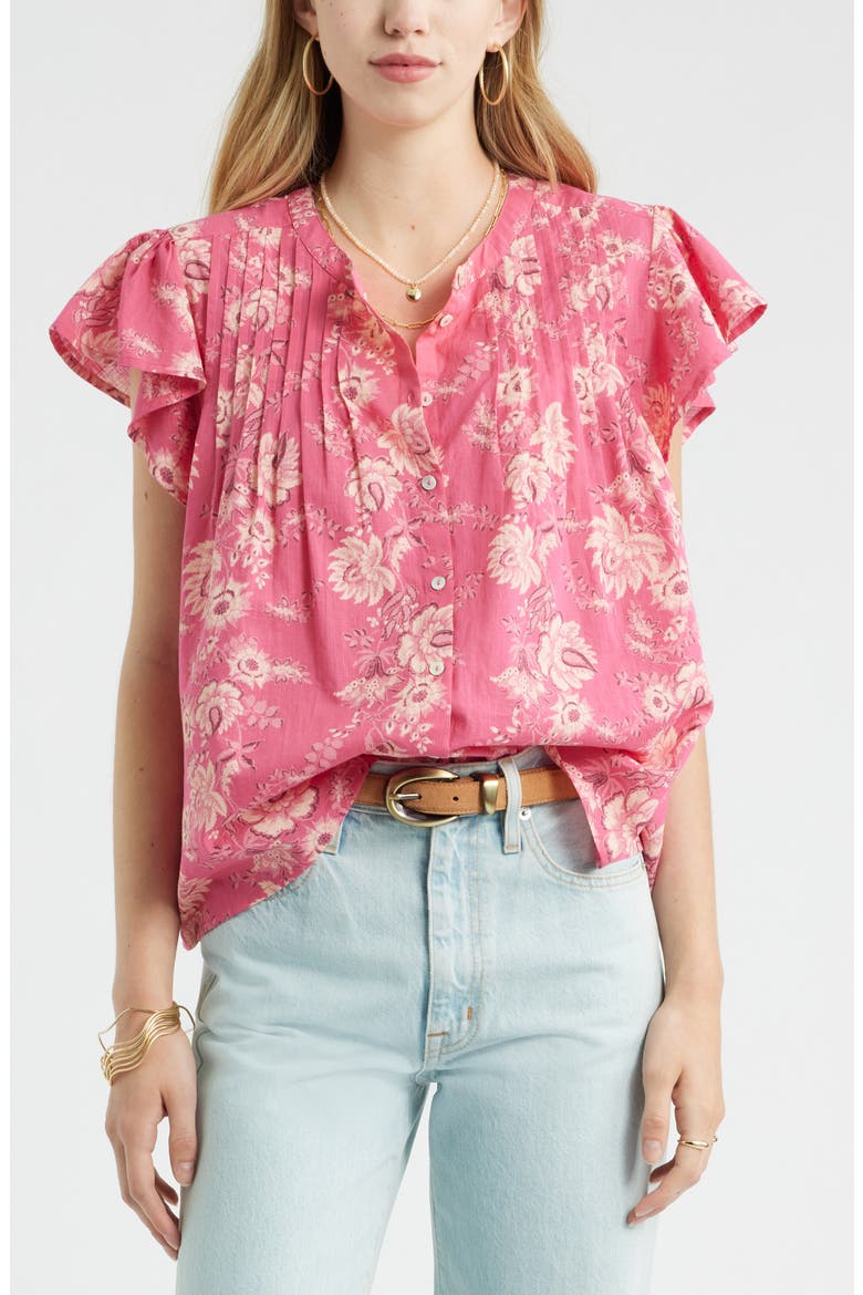 Floral Cotton Pintuck Flutter Sleeve Top, Main, color, PINK COTTAGE FORAL STRIPE