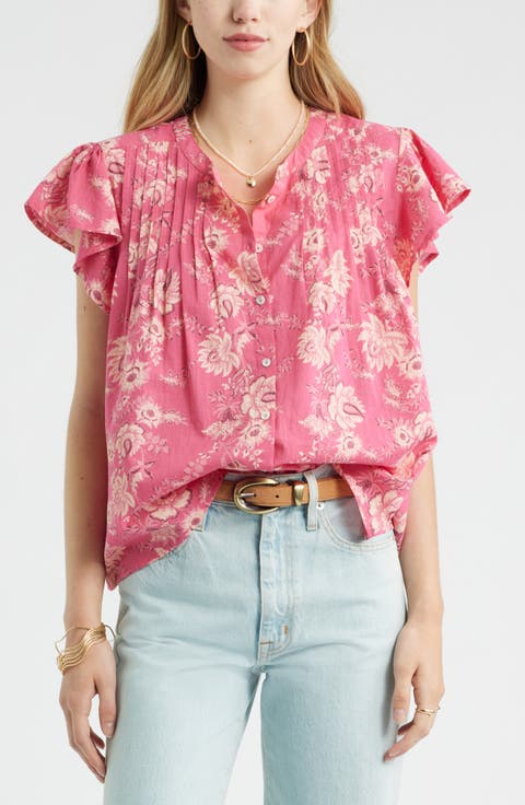 Floral Cotton Pintuck Flutter Sleeve Top