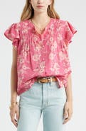 Treasure & Bond Floral Cotton Pintuck Flutter Sleeve Top