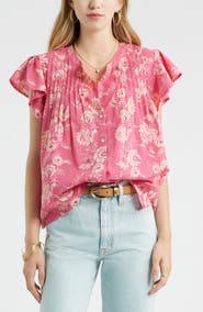 Treasure & Bond Floral Cotton Pintuck Flutter Sleeve Top