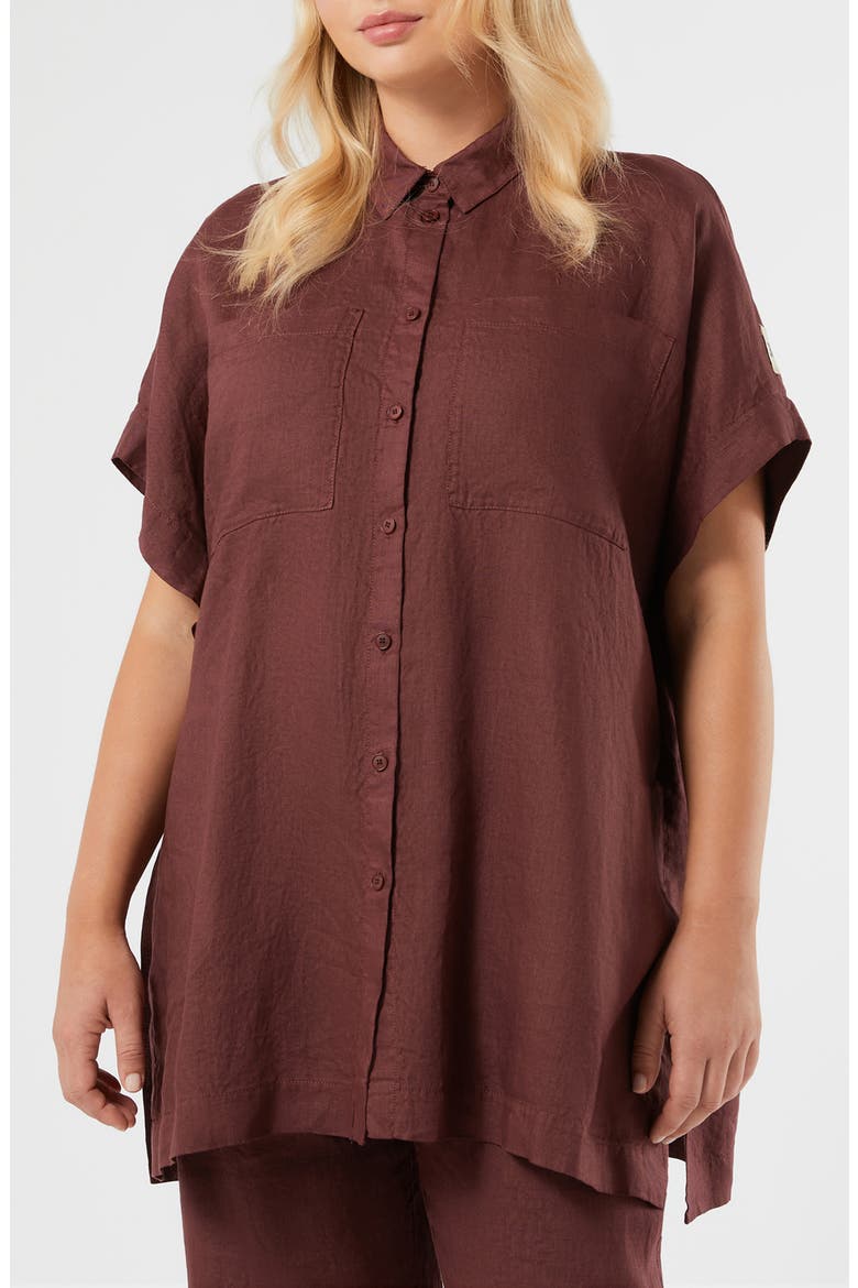 Voyage Collection Linen Canvas Button-Up Tunic, Main, color, BORDEAUX