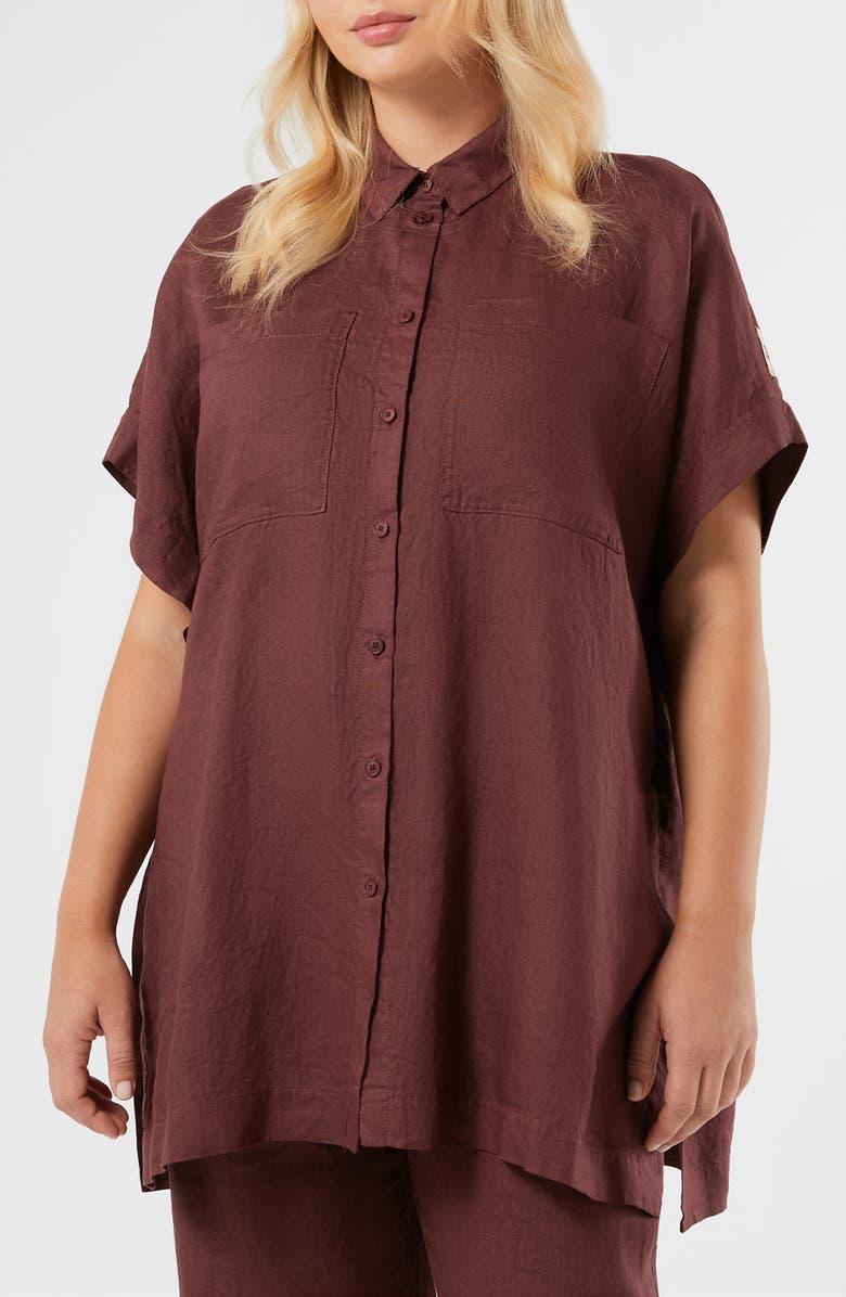 Marina Rinaldi Voyage Collection Linen Canvas Button-Up Tunic, Main, color, Bordeaux