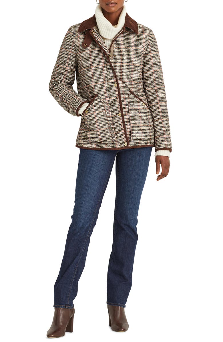 Lauren Ralph Lauren Houndstooth Print Corduroy Collar Quilted Jacket, Alternate, color,