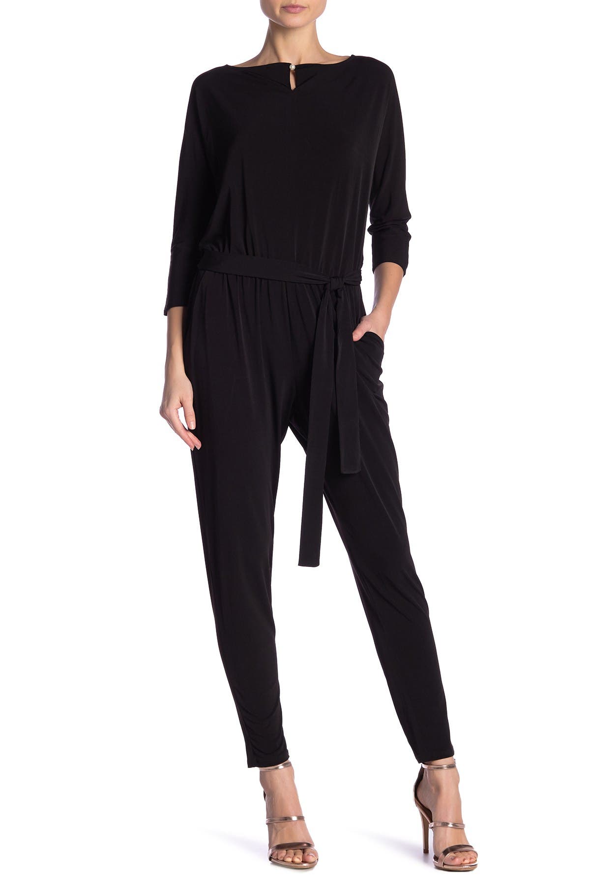 Nina Leonard Three-Quarter Length Sleeve Waist Tie Jumpsuit