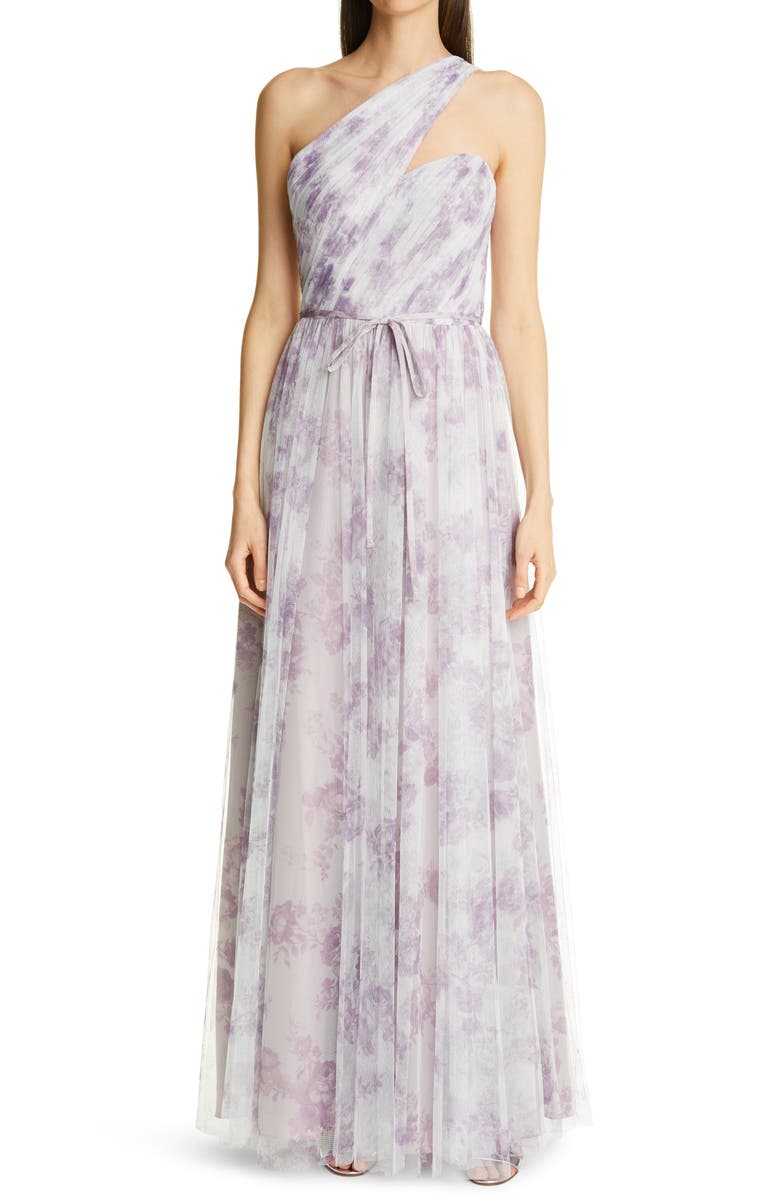 Marchesa Notte One Shoulder Tulle Gown, Main, color, 