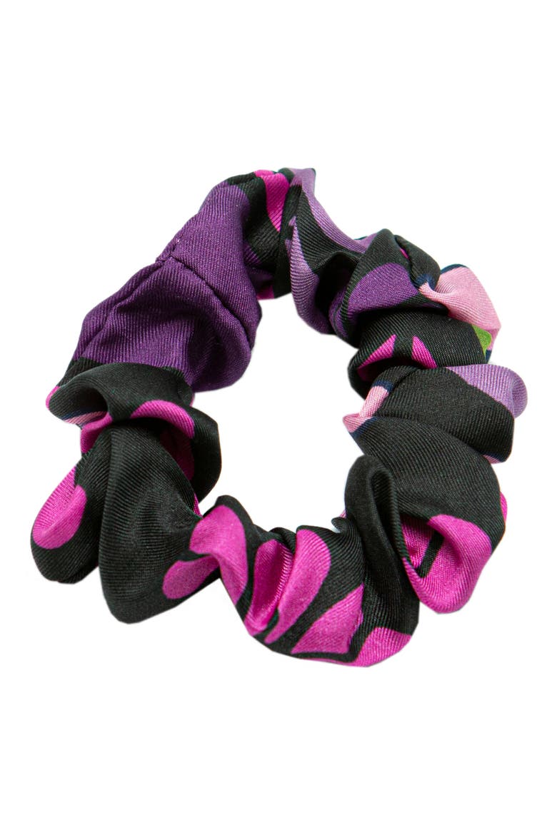 spade clover patchwork silk hair tie, Alternate, color, BLACK