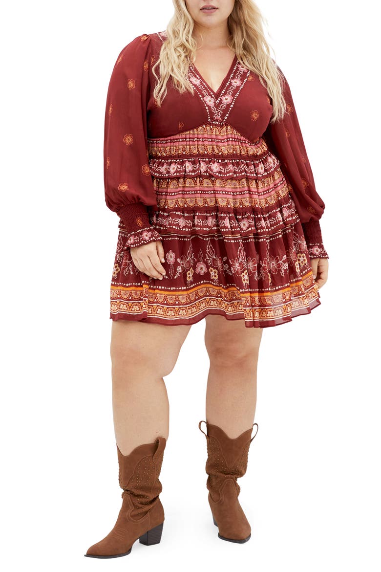 Ophelia Mixed Print Long Sleeve Tiered Minidress, Main, color, ORANGE PRINT