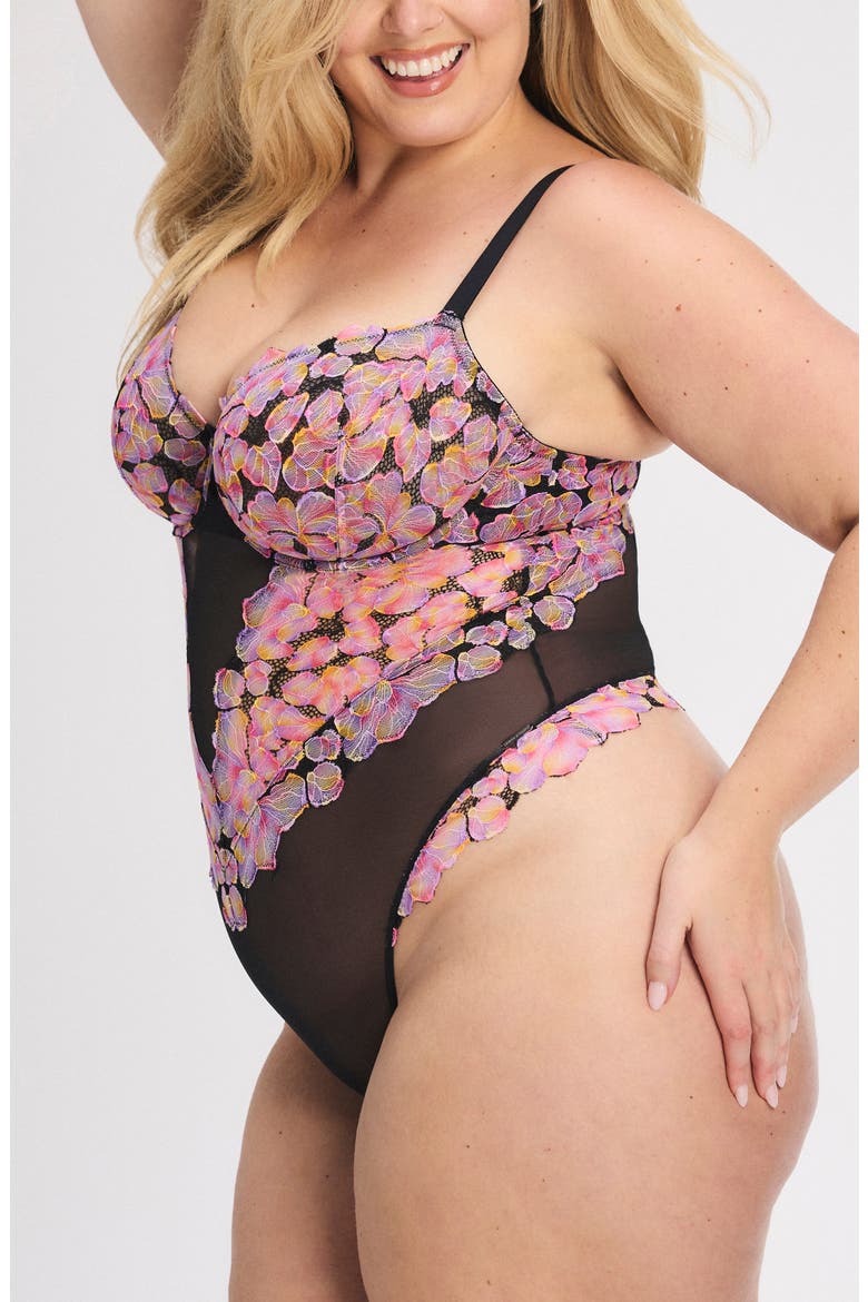 Sun Tide Floral Lace Underwire Teddy, Alternate, color, BLACK CAVIAR