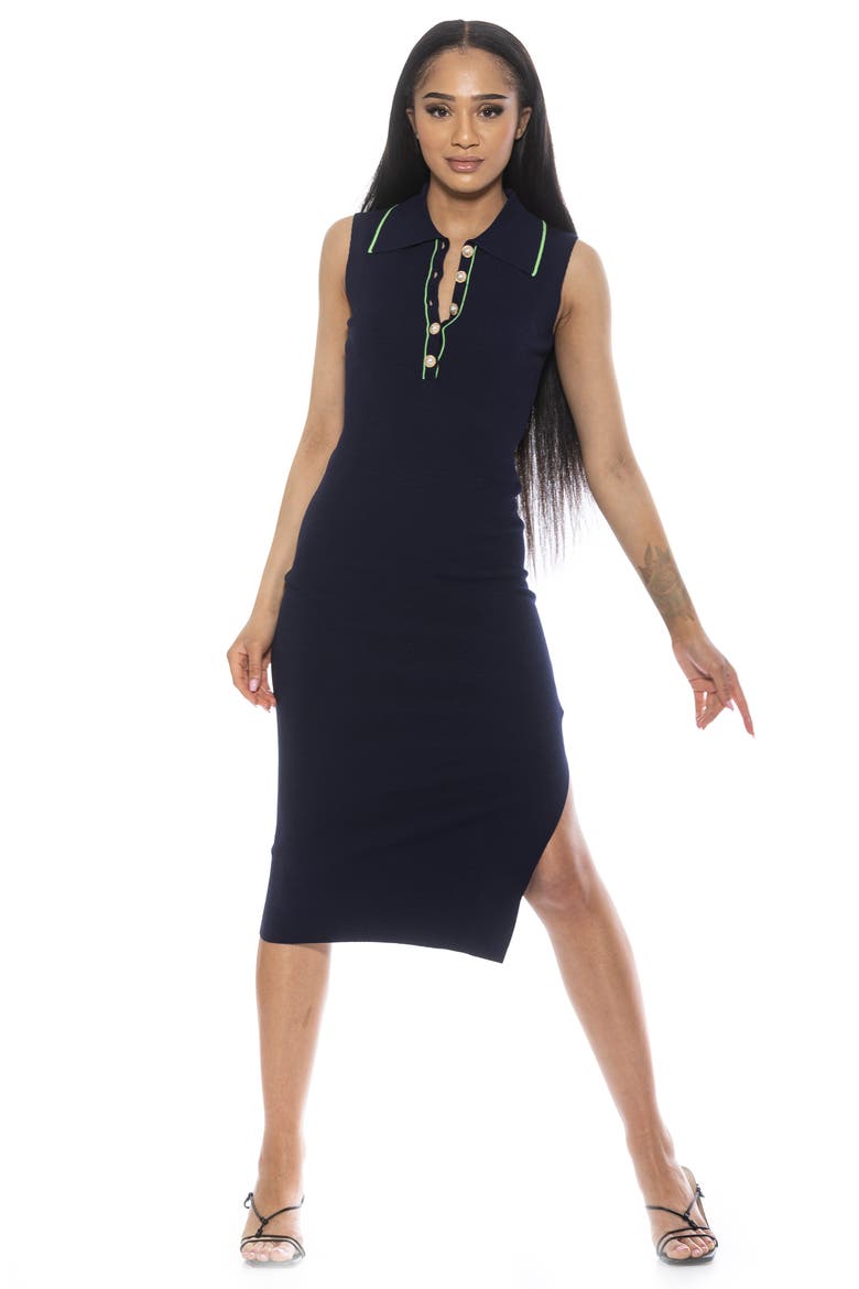 Myah Imitation Pearl Button Knit Midi Dress, Alternate, color, NAVY
