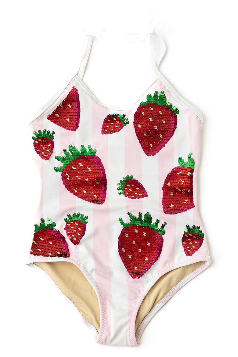 Kids' Summer Strawberry Sequin Stripe UPF 50+ One-Piece Swimsuit, Main, color, PINK