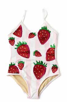 Kids' Summer Strawberry Sequin Stripe UPF 50+ One-Piece Swimsuit