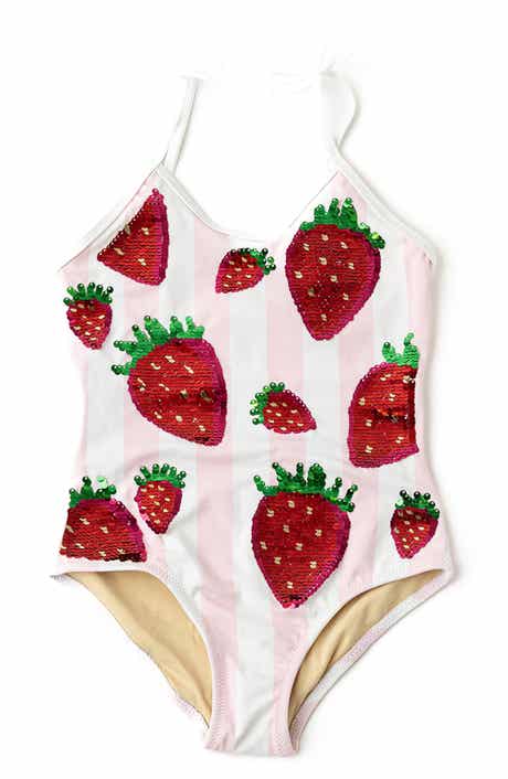 Kids' Summer Strawberry Sequin Stripe UPF 50+ One-Piece Swimsuit