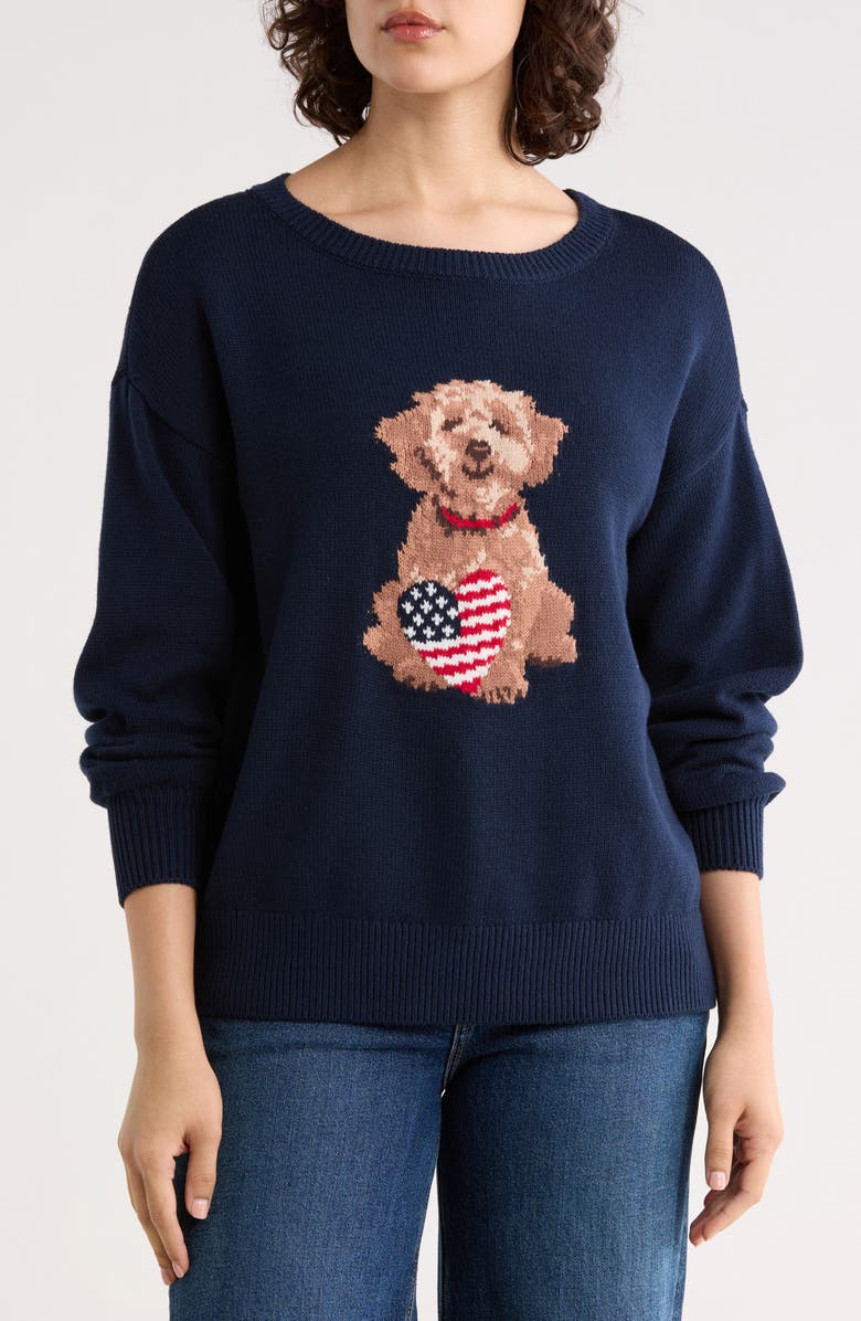 T Tahari Americana Dog Intarsia Sweater, Main, color, Navy/ Intarsia Dog