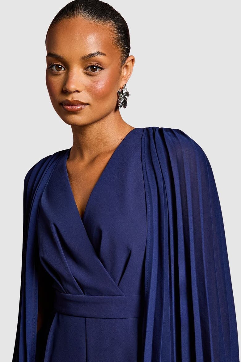 Petite V-Neck Pleated Jumpsuit, Alternate, color, Navy