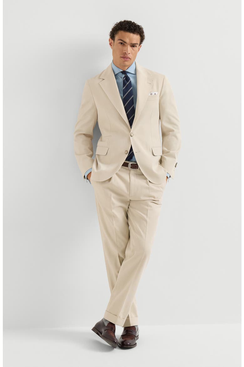Cotton and virgin wool gabardine trousers with pleat, Alternate, color, Ivory