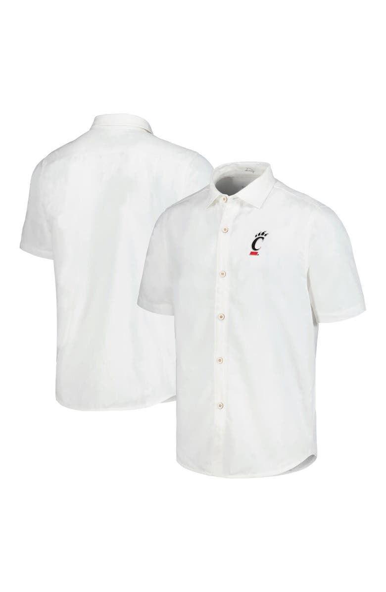 Tommy Bahama Men's Tommy Bahama White Cincinnati Bearcats Coconut Point Palm Vista IslandZone Camp Button-Up Shirt, Main, color, White