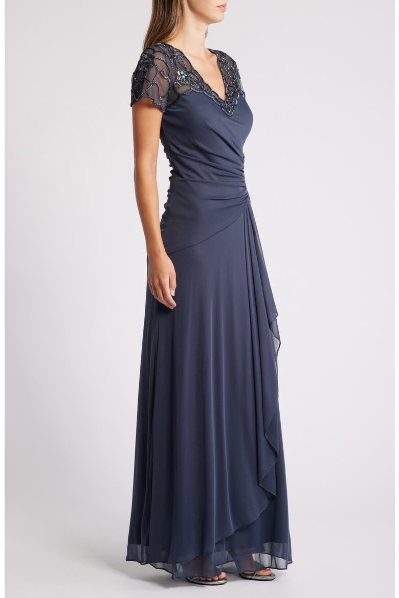 Beaded Short Sleeve Ruched Gown, Alternate, color, CHARCOAL BLUE