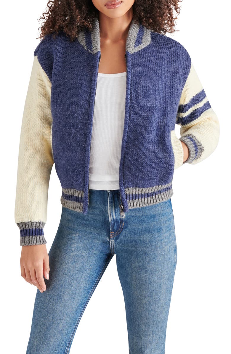 Steve Madden Fernando Varsity Sweater, Alternate, color, Marine