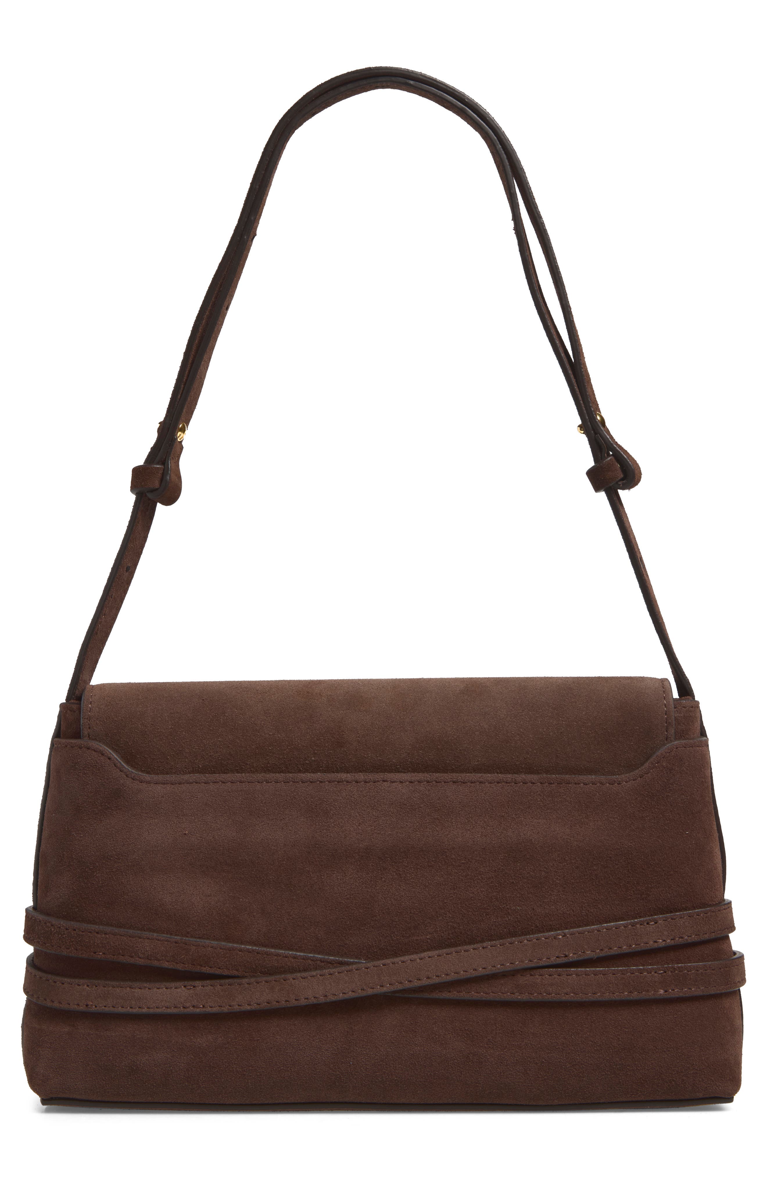 Belted Suede Shoulder Bag, Alternate, color, DARK BROWN