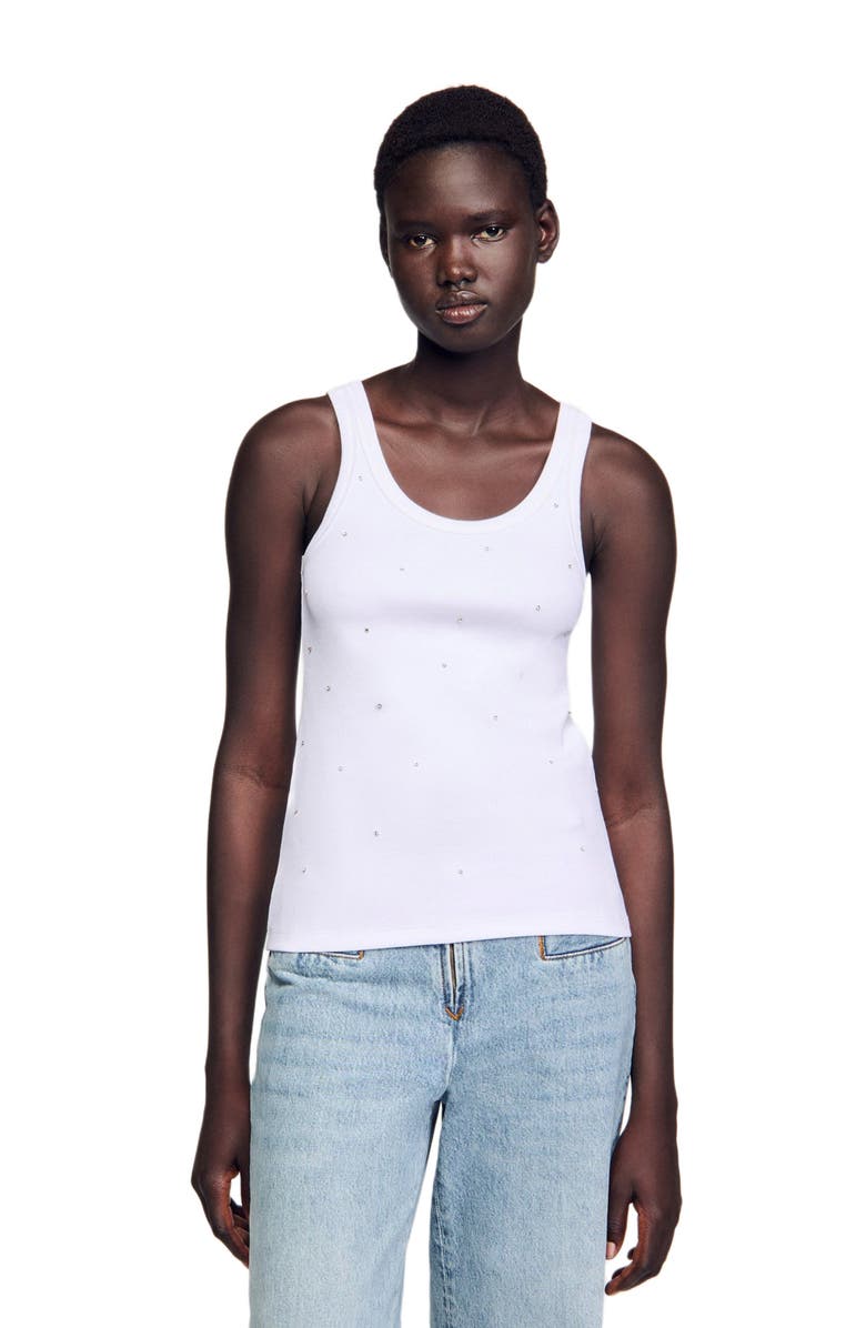 SANDRO Jersey tank with rhinestones, Main, color, White