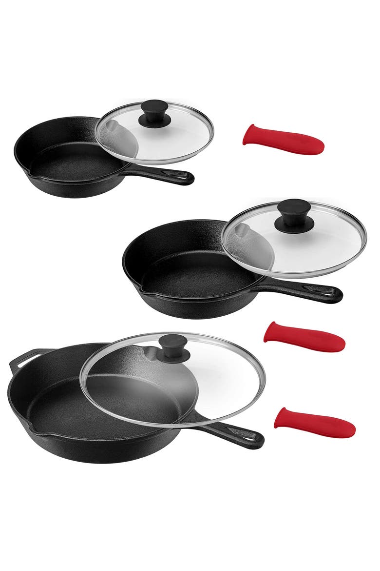Pre-Seasoned 9 Piece Cast Iron Skillet Set with Lids and Silicone Holder, Main, color, Black