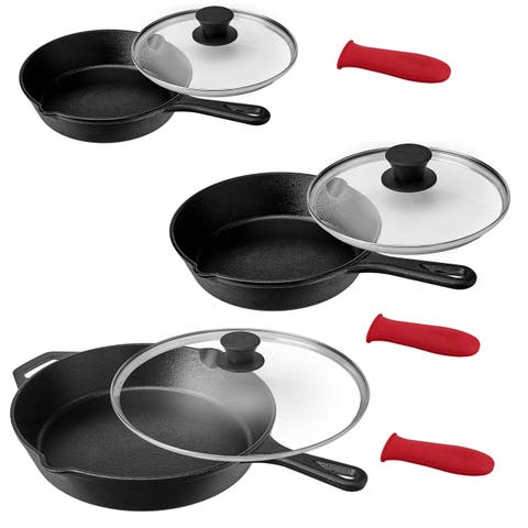 Pre-Seasoned 9 Piece Cast Iron Skillet Set with Lids and Silicone Holder
