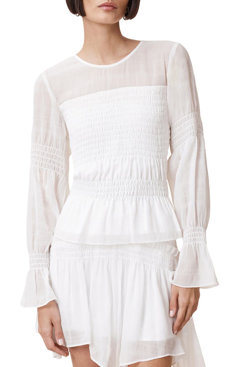 AllSaints Pamela Smocked Ruffle Top, Main, color, Snow White