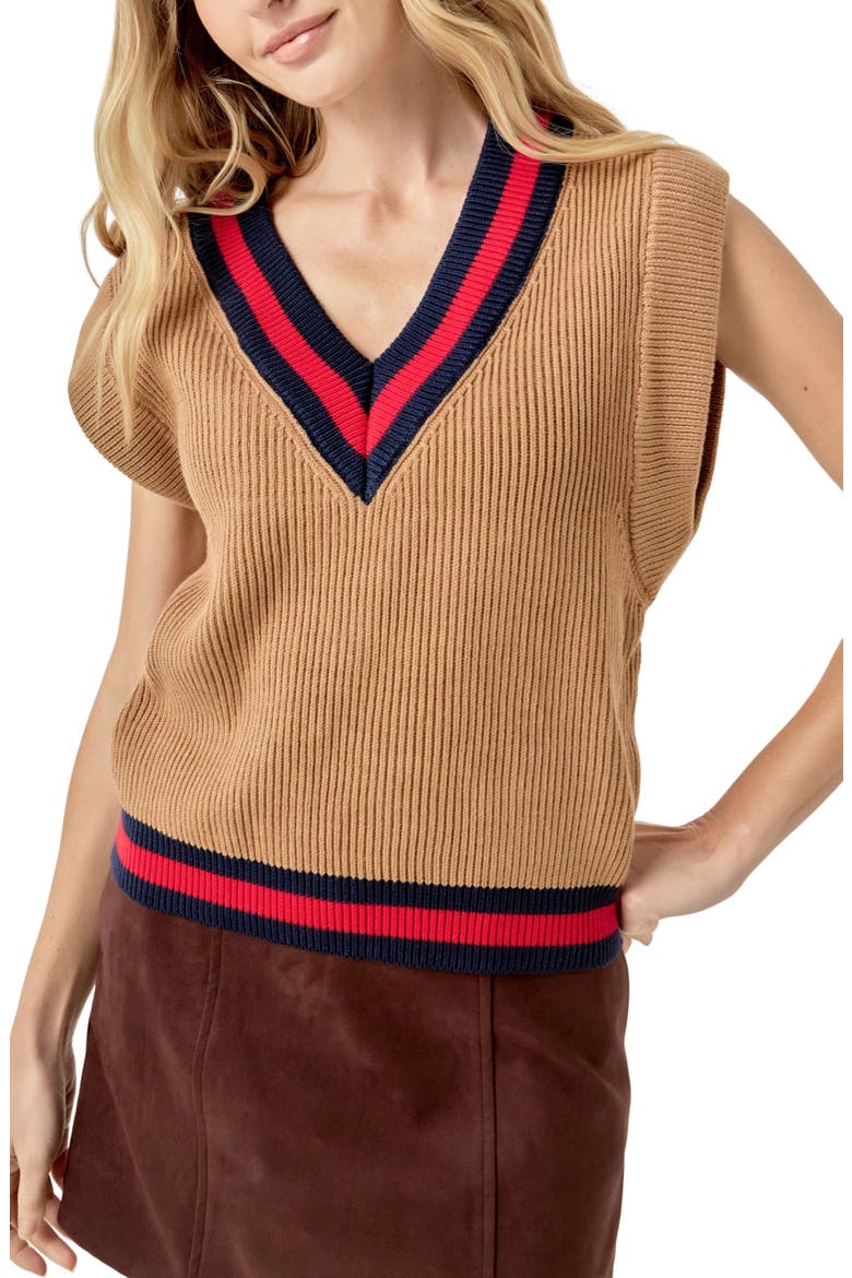 Tipped Rib Knit Sweater Vest, Main, color, CAMEL